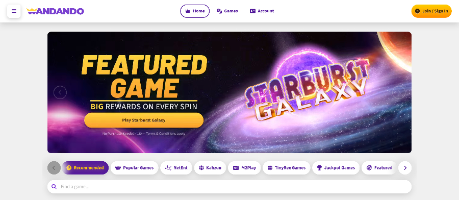 Wandando Casino homescreen