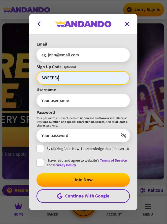 Wandando Casino sign-up form