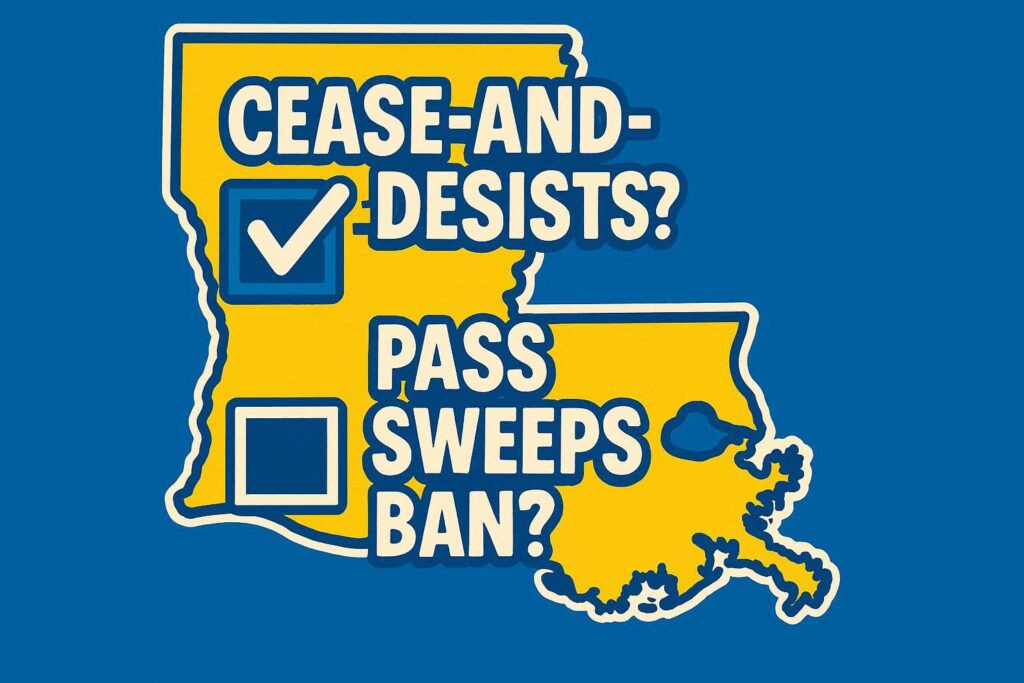 A cartoon representation of the phrase CEASE-AND-DESISTS? with a check mark next to it and PASS SWEEPS BAN? with an empty, checkless box next to it and all of this is inside the outline of Louisiana using a vibrant blue, yellow, and white color scheme.