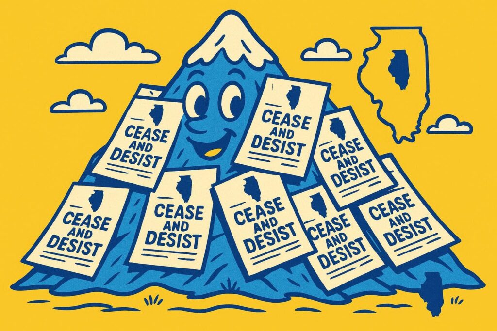 A cartoon representation of a mountain clearly located in Illinois that consists of cease-and-desist letters using a vibrant yellow, blue, and white color scheme.