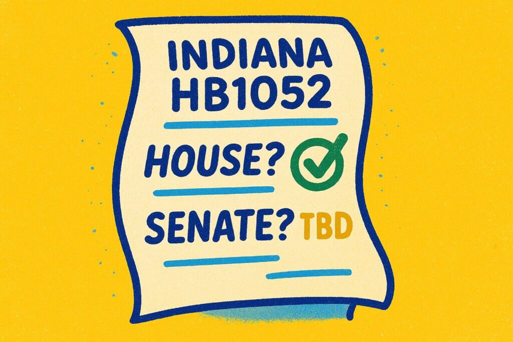 A cartoon representation of a sheet of paper titled INDIANA HB1052 with a line that says HOUSE? with a green check next to it and under all that is a line that says SENATE? with TBD written next to it using a vibrant yellow, blue, and white color scheme.