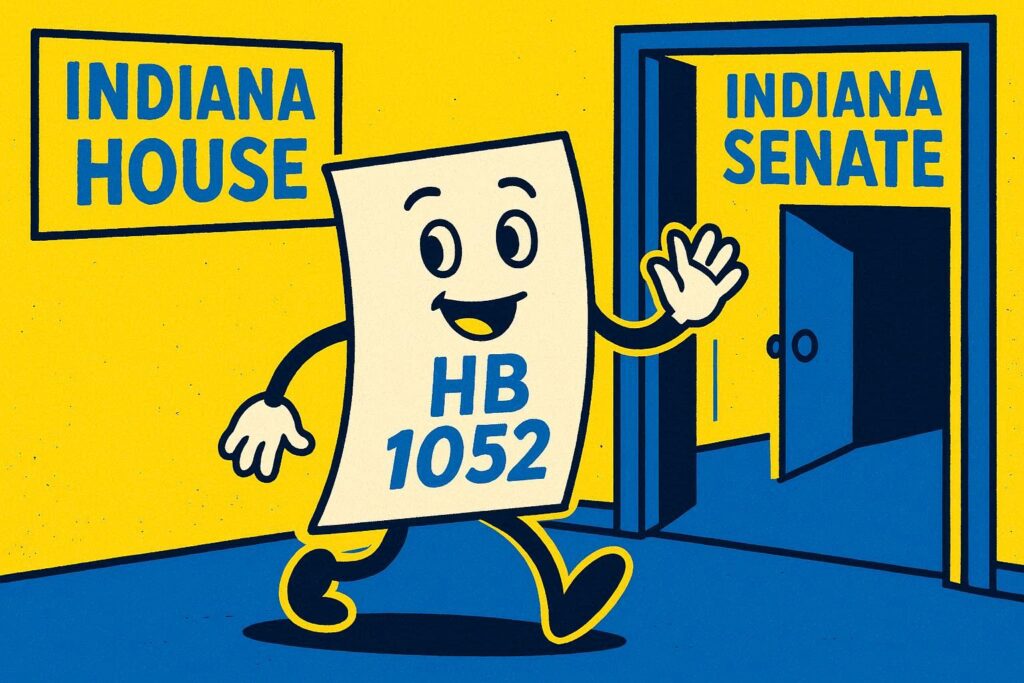 A cartoon representation of a personified piece of legislation titled HB1052 waving goodbye to the INDIANA HOUSE and walking toward an open door leading to the INDIANA SENATE using a vibrant yellow, blue, and white color scheme.