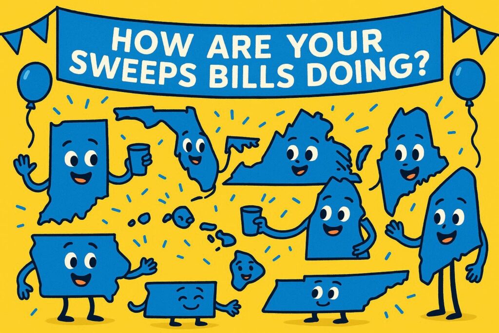 A cartoon representation of personalized state outlines of Indiana, Florida, Maryland, Virginia, Tennessee, Iowa, Oklahoma, Hawaii, Mississippi, and Maine hanging out at a party with a banner overhead that says HOW ARE YOUR SWEEPS BILLS DOING? using a vibrant yellow, blue, and white color scheme.
