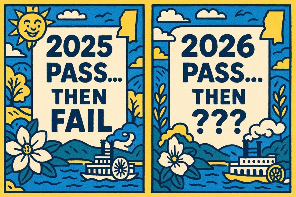 A cartoon representation of two phrases next to each other — 2025: PASS ... THEN FAIL and 2026: PASS ... THEN ??? — surrounded by Mississippi imagery using a vibrant blue, yellow, and white color scheme.