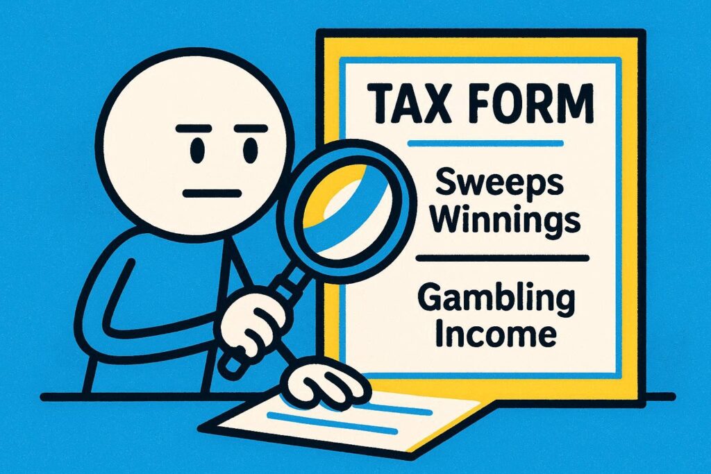 A cartoon representation of a neutral faced stick figure focusing on a document with a magnifying glass — and the document says TAX FORM at the top and then SWEEPS WINNINGS vs. GAMBLING INCOME below it— using a vibrant blue, yellow, and white color scheme.