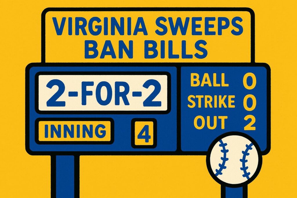 A cartoon representation of a baseball scoreboard showing that VIRGINIA SWEEPS BAN BILLS are 2-for-2 so far in a baseball game using a vibrant yellow, blue, and white color scheme.