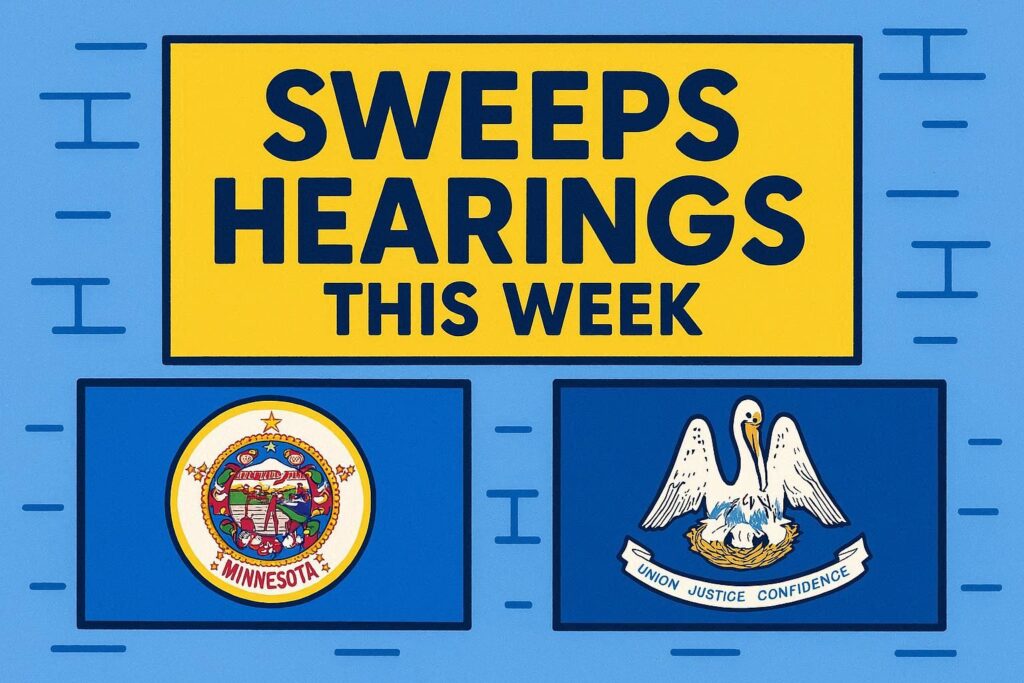 A cartoon representation of the Minnesota and Louisiana state flags on a wall that says SWEEPS HEARINGS THIS WEEK using a vibrant yellow, blue, and white color scheme.