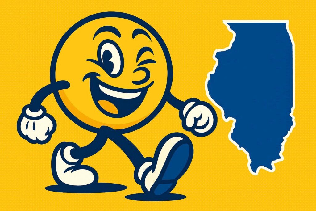 A cartoon representation of an extremely expressive smiley face with two legs walking away from Illinois using a vibrant blue, yellow, and white color scheme.