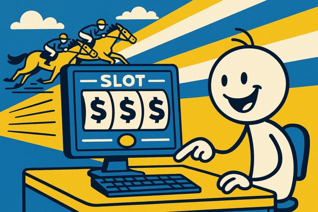 A cartoon representation of a happy stick figure playing a slot machine game on a computer that's being powered by horses running a race using a vibrant blue, yellow, and white color scheme.