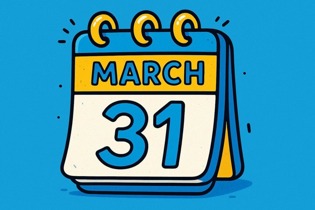 A cartoon representation of a calendar saying MARCH 31 using a vibrant blue, yellow, and white color scheme.