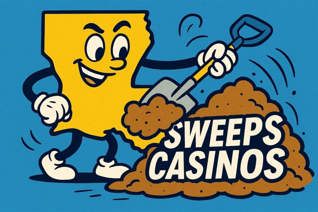 A cartoon representation of a personified outline of Louisiana using a shovel to scoop up a heaping pile of dirt and bury the words SWEEPS CASINOS using a vibrant yellow, blue, and white color scheme.