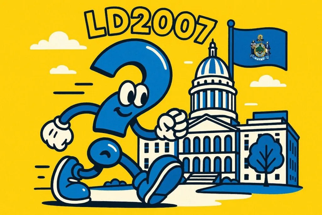 A cartoon representation of a personified question mark with LD2007 over its head walking to the Maine state capitol building (with a Maine flag) using a vibrant yellow, blue, and white color scheme.