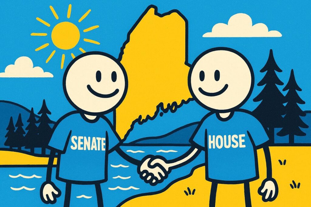 A cartoon representation of two stick figures shaking hands — one has a SENATE shirt on and one has a HOUSE shirt on — and they are clearly somewhere in Maine using a vibrant blue, yellow, and white color scheme.