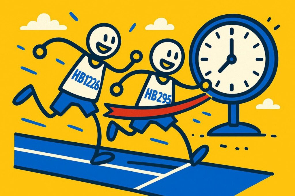 A cartoon representation of two stick figure sprinters barely crossing the finish line before a clock next to the track runs out of time — one figure is wearing a shirt that says HB1226 and the other is wearing a shirt that says HB295 — using a vibrant yellow, blue, and white color scheme.