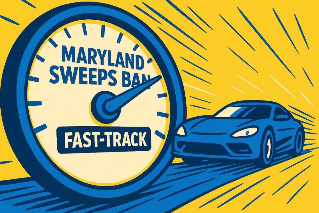 A cartoon representation of a fast car driving next to a large circular speedometer that says MARYLAND SWEEPS BAN at the top and FAST-TRACK at the bottom using a vibrant yellow, blue, and white color scheme.