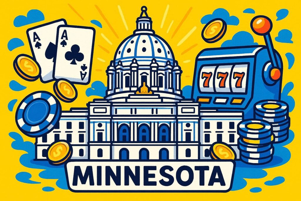 A cartoon representation of the Minnesota capitol building surrounded by sweeps casino imagery using a vibrant yellow, blue, and white color scheme.