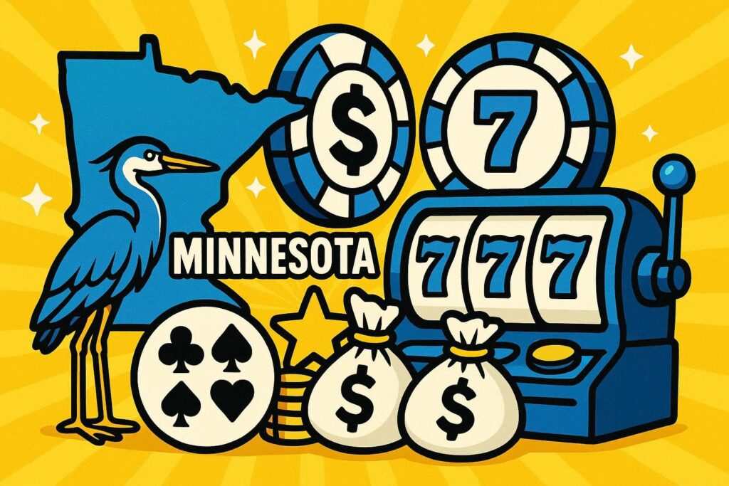 A cartoon representation of symbols representing Minnesota and sweeps casinos intermingling using a vibrant yellow, blue, and white color scheme.