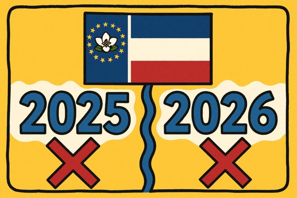 A cartoon representation of a split image, with the year 2025 on the left side with a giant red X below it and 2026 on the right side with a giant red X below it, and at the top of the image is the Mississippi state flag, using a vibrant blue, yellow, and white color scheme.