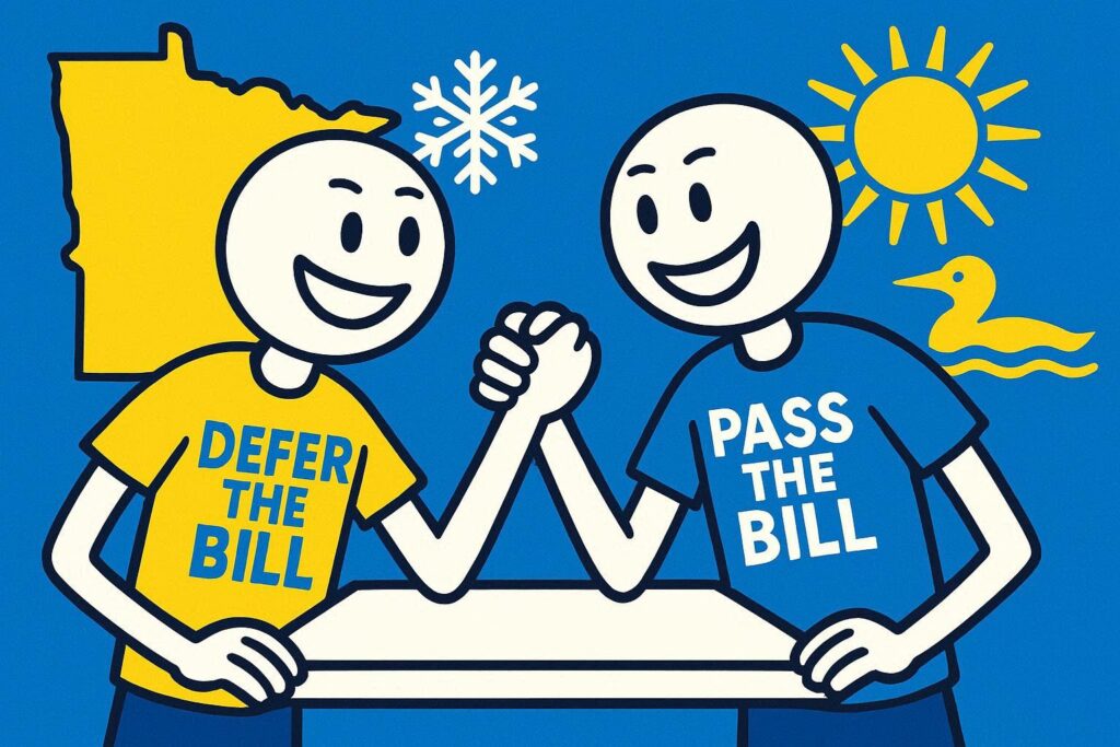 A cartoon representation of two stick figures arm wrestling, with one wearing a DEFER THE BILL shirt and the other wearing a PASS THE BILL shirt, with symbols representing Minnesota in the background, using a vibrant blue, yellow, and white color scheme.