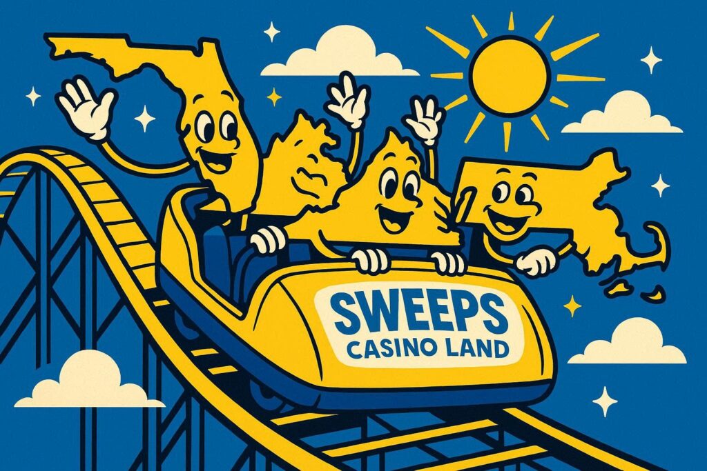 A cartoon representation of personified outlines of Florida, Virginia, and Massachusetts happily riding a roller coaster at SWEEPS CASINO LAND using a vibrant blue, yellow, and white color scheme.