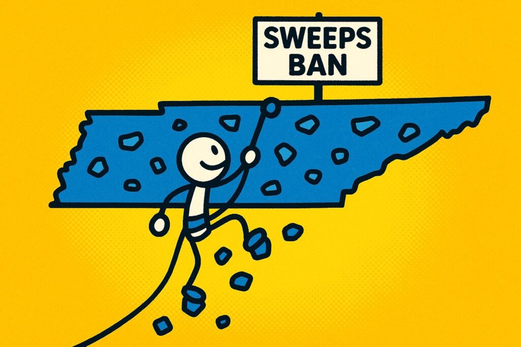 A cartoon representation of a stick figure climbing a rock wall the shape of Tennessee with a sign that says SWEEPS BAN at the top using a vibrant yellow, blue, and white color scheme.