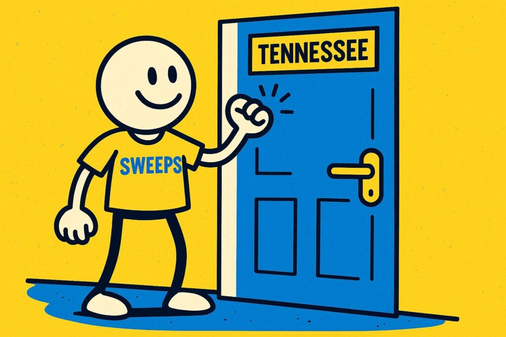A cartoon representation of stick figure wearing a SWEEPS shirt knocking on a door labeled TENNESSEE using a vibrant blue, yellow, and white color scheme.