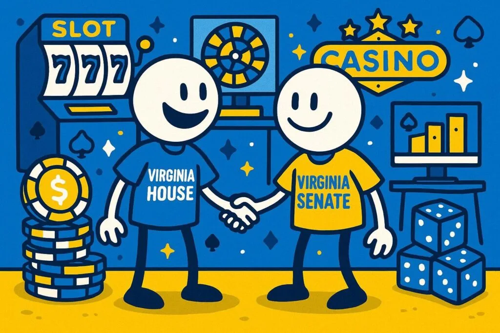 A cartoon representation of two stick figures shaking hands — one is wearing a VIRGINIA HOUSE shirt and the other is wearing a VIRGINIA SENATE shirt — and they're standing in a room filled with online casino memorabilia using a vibrant blue, yellow, and white color scheme.