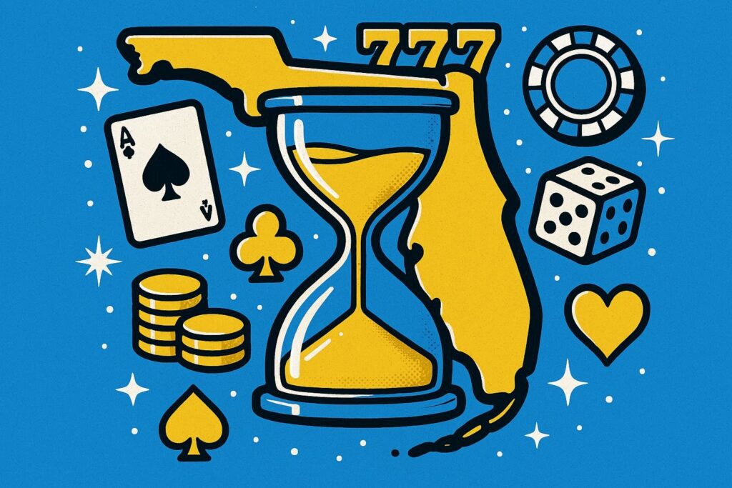 A cartoon representation of an hourglass surrounded by a Florida outline and online casino symbols using a vibrant blue, yellow, and white color scheme.