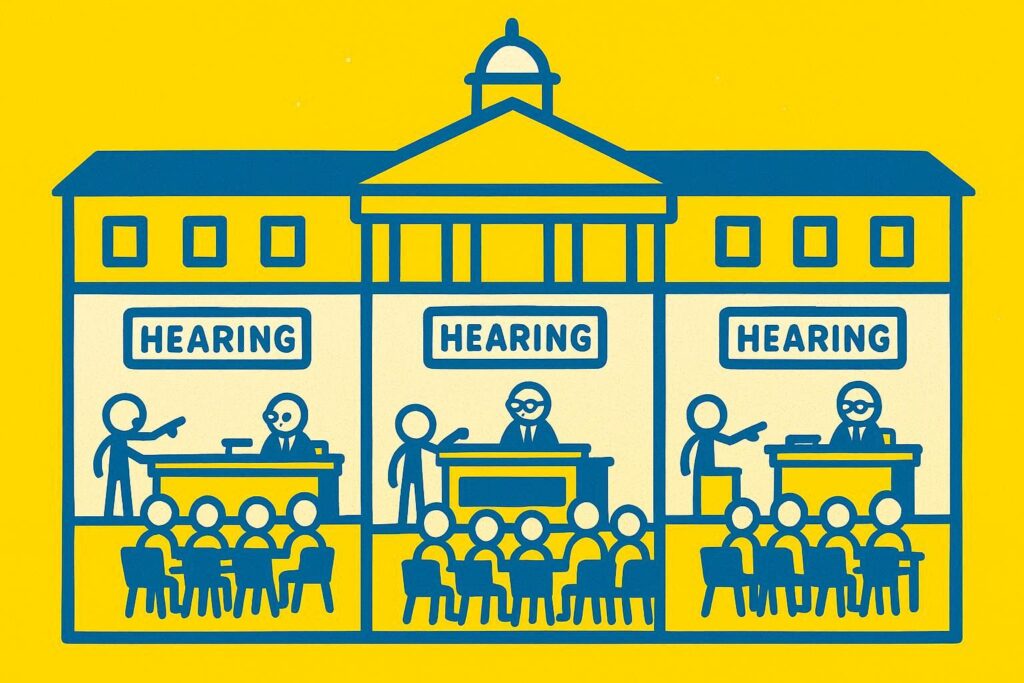 A cartoon representation of a zoomed-out view of three legislative hearings held by stick figures happening in the same building using a vibrant yellow, blue, and white color scheme.