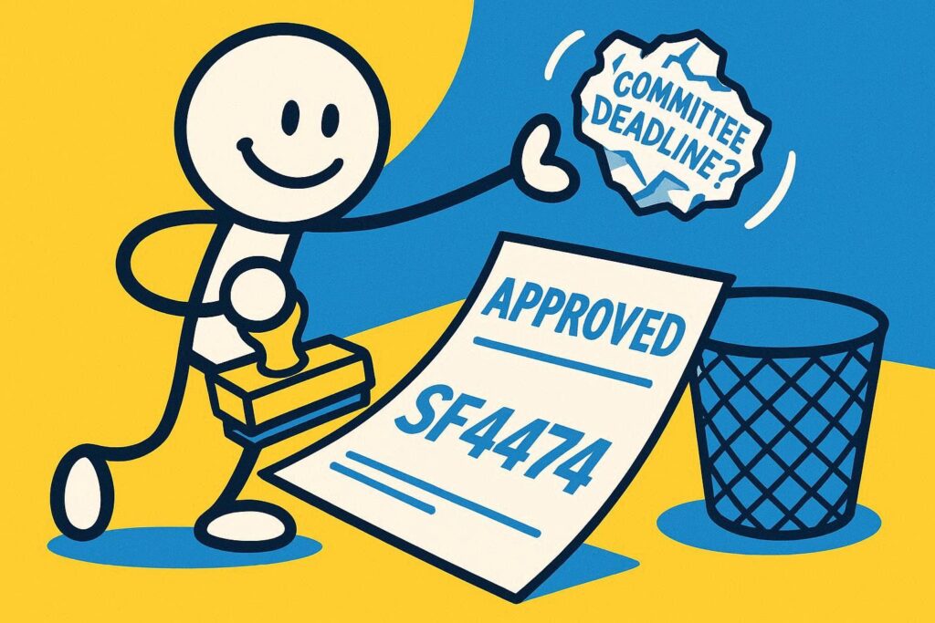 A cartoon representation stick figure stamping an APPROVED stamp on a paper that says SF4474 while also throwing a crumped up paper that says COMMITTEE DEADLINE? into a trash can using a vibrant blue, yellow, and white color scheme.