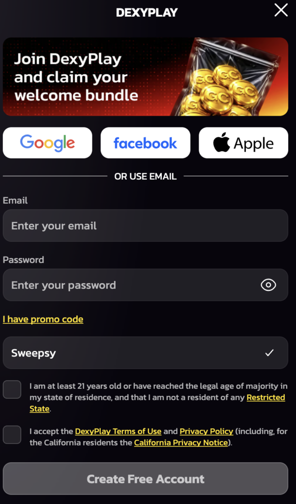 DexyPlay promo code SWEEPSY for new players