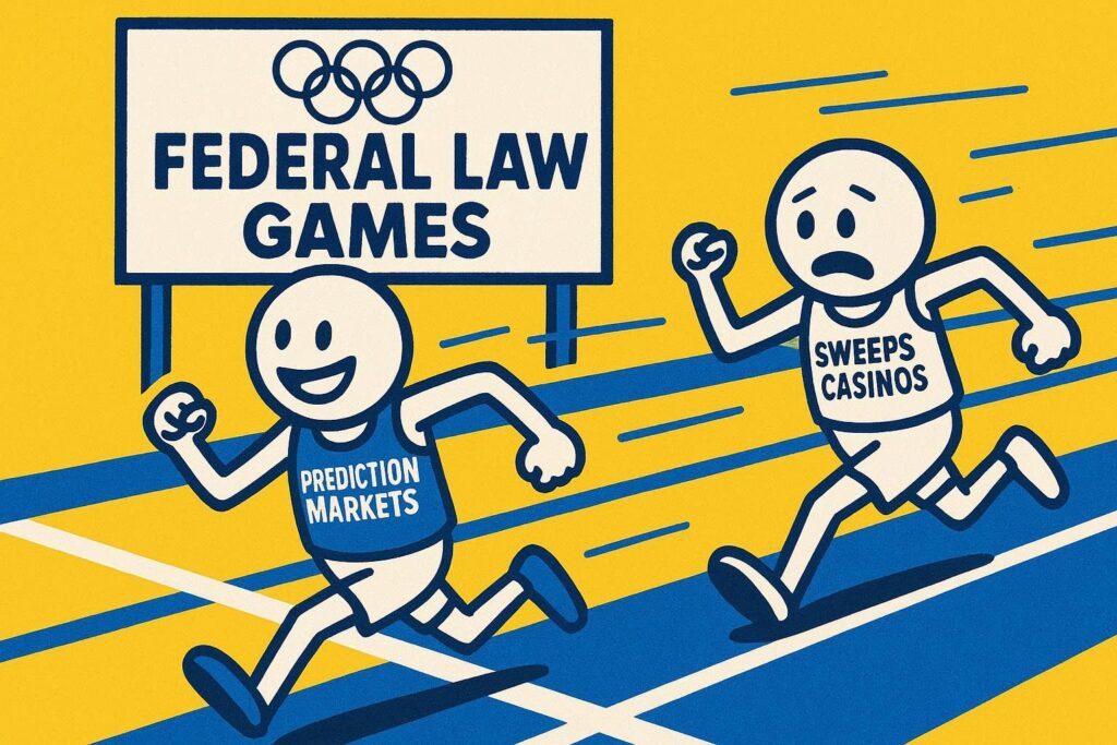 A cartoon representation of a spoof of the Olympics — called the FEDERAL LAW GAMES — where a stick figure wearing a PREDICTION MARKETS shirt is soundly defeating a stick figure wearing a SWEEPS CASINOS shirt in a sprint using a vibrant yellow, blue, and white color scheme.