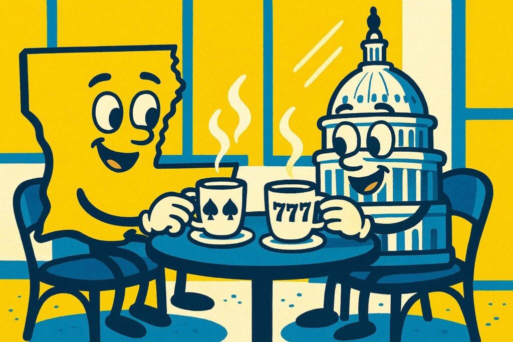 A cartoon representation of a personified state outline of Louisiana drinking coffee at a cafe with a personified Washington DC capitol building using a vibrant yellow, blue, and white color scheme. Their coffee cups have gambling symbols on them.