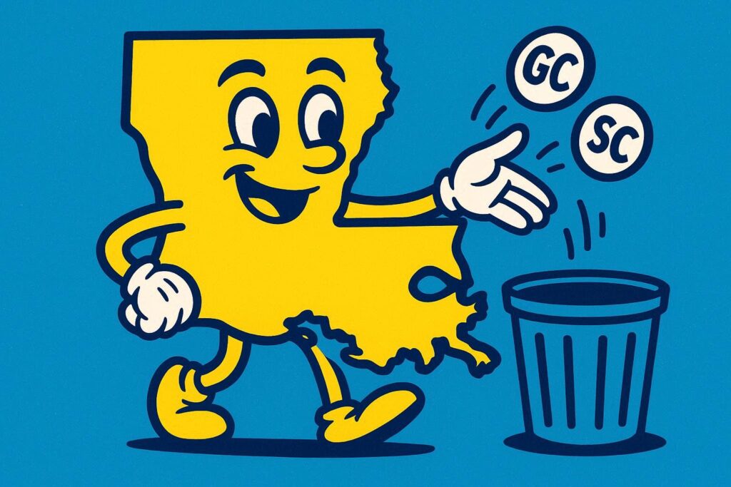 A cartoon representation of a personified state outline of Louisiana throwing two coins in a trash can — one says GC and one says SC — using a vibrant blue, yellow, and white color scheme.