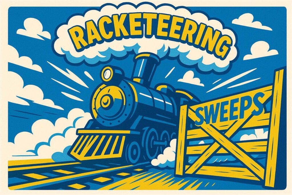 A cartoon representation of a train speeding down the tracks with steam billowing out in the shape of the word RACKETEERING and the train is about to smash through a wood gate that has SWEEPS painted on it using a vibrant blue, yellow, and white color scheme.