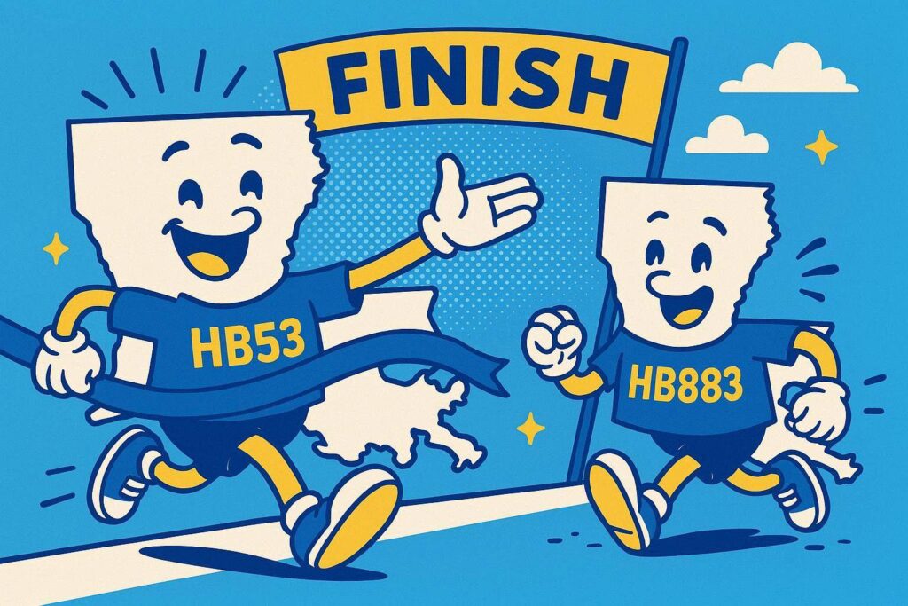 A cartoon representation of a happy personified state outline of Louisiana wearing an HB53 shirt crossing a race finish line and beckoning another happy personified state outline of Louisiana wearing an HB883 shirt to also finish as well using a vibrant blue, yellow, and white color scheme.