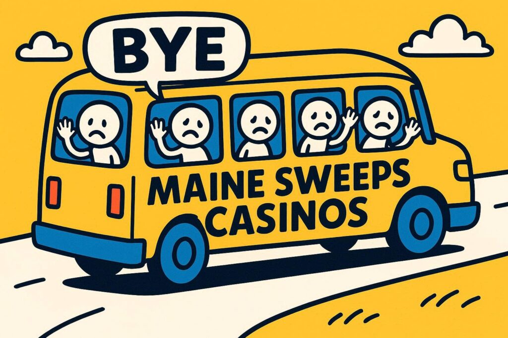 A cartoon representation of sad stick figures waving goodbye on a bus driving away from view that has BYE, MAINE SWEEPS CASINOS written on it using a vibrant yellow, blue, and white color scheme.