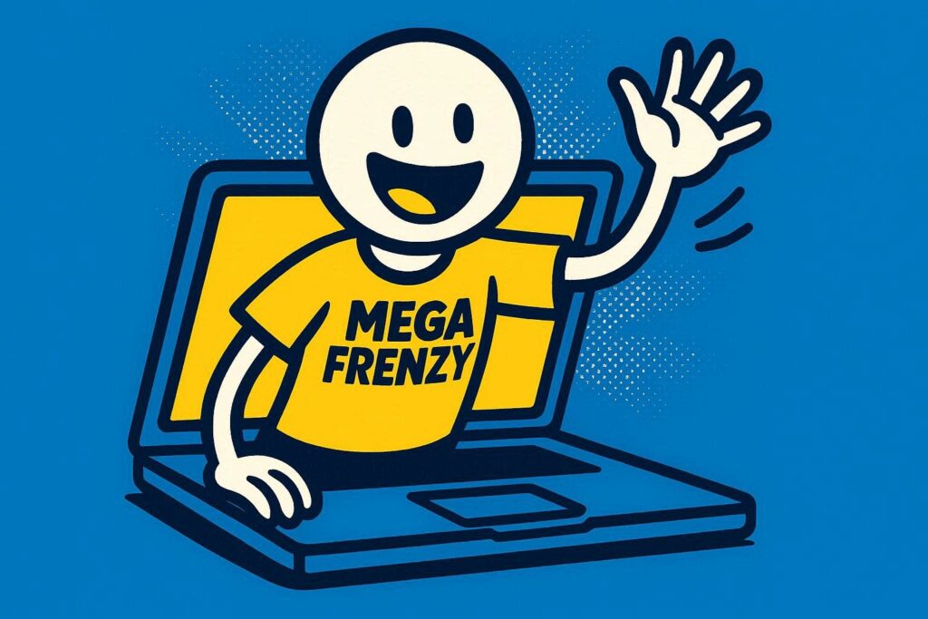 A cartoon representation of a stick figure wearing a MEGA FRENZY shirt squeezing its upper body out from inside a closing laptop and waving goodbye using a vibrant blue, yellow, and white color scheme.