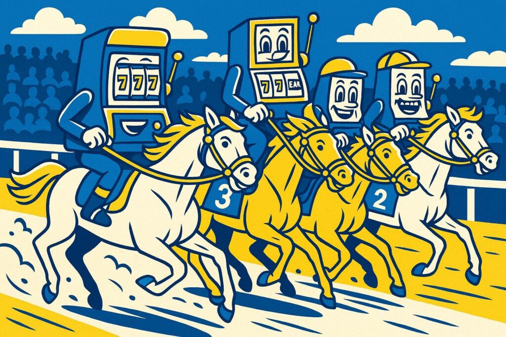 A cartoon representation a horse race with personified casino slot machines riding the horses using a vibrant blue, yellow, and white color scheme.
