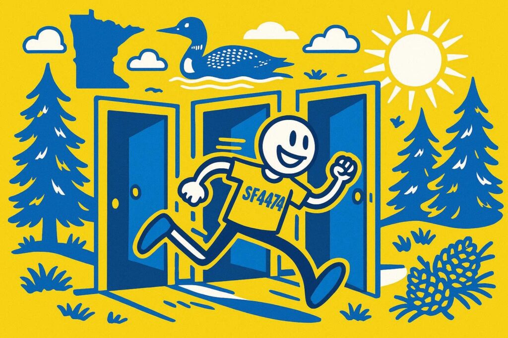 A cartoon representation of a stick figure wearing an SF4474 shirt running through three doors in a row, surrounded by elements representing Minnesota, using a vibrant blue, yellow, and white color scheme.