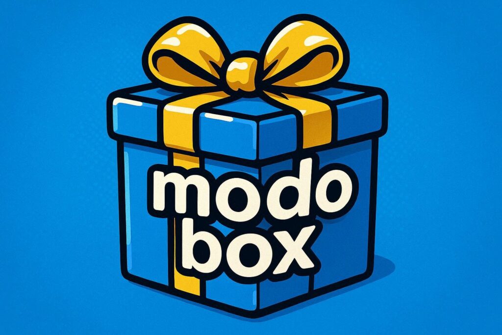 A cartoon representation of a shiny wrapped present with a bow on it and it has MODO BOX written on it using a vibrant blue, yellow, and white color scheme.