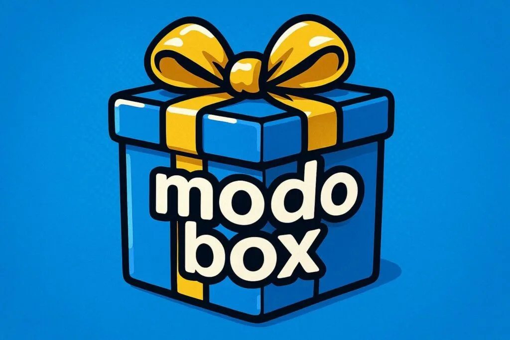 A cartoon representation of a shiny wrapped present with a bow on it and it has MODO BOX written on it using a vibrant blue, yellow, and white color scheme.