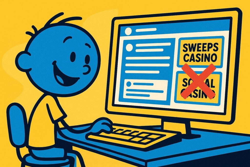 A cartoon representation of a blue-skinned kid stick figure looking at a social media site on their computer with red crosses over ads for sweeps casinos and social casinos on part of the social media site using a vibrant blue, yellow, and white color scheme.