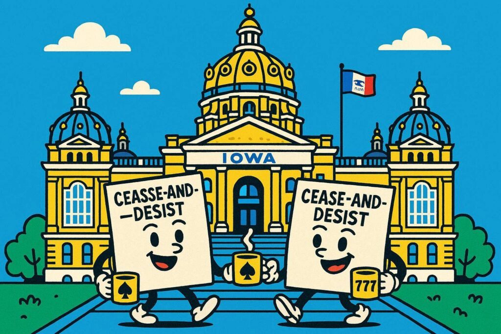 A cartoon representation of the Iowa capitol building with two personified cease-and-desist letters walking out the front doors using a vibrant yellow, blue, and white color scheme. Their coffee cups have gambling symbols on them.