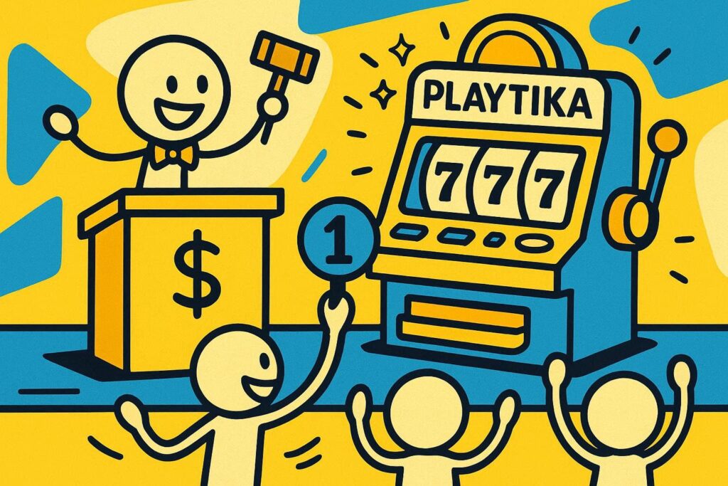 A cartoon representation of a stick figure running an auction where the item for sale is a slot machine that has PLAYTIKA written on it using a vibrant yellow, blue, and white color scheme.
