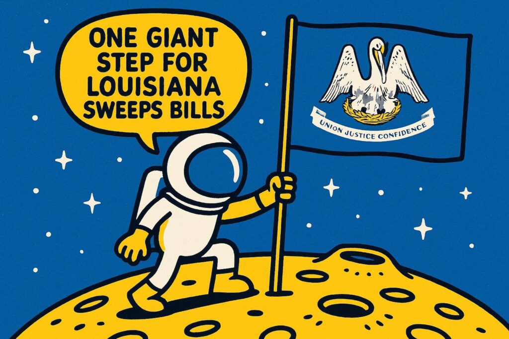 A cartoon representation of a stick figure astronaut planting a Louisiana flag on the moon with a speech bubble above them that says ONE GIANT STEP FOR LOUISIANA SWEEPS BILLS using a vibrant blue, yellow, and white color scheme.