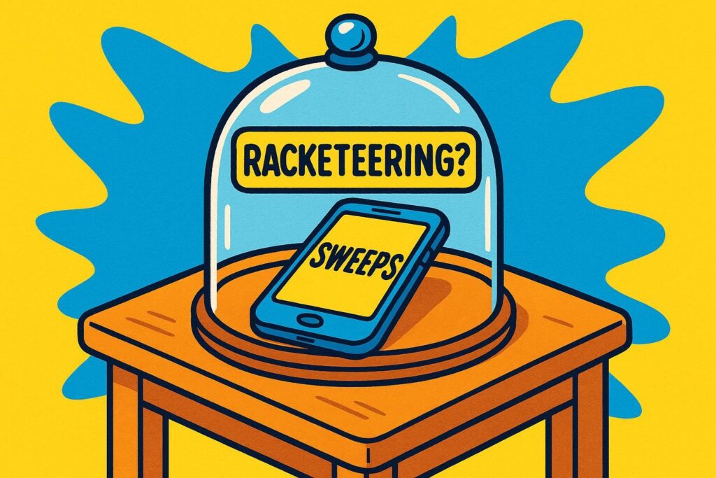 A cartoon representation of a table with a glass dome labeled RACKETEERING? sitting over a smartphone that says SWEEPS on the screen using a vibrant yellow, blue, and white color scheme.