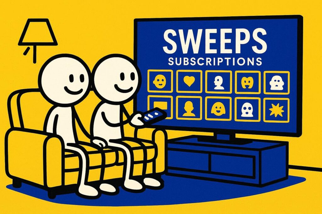 A cartoon representation of two stick figures sitting on a couch scrolling through something that resembles Netflix on their TV, but instead of NETFLIX, it's called SWEEPS SUBSCRIPTIONS, using a vibrant yellow, blue, and white color scheme.