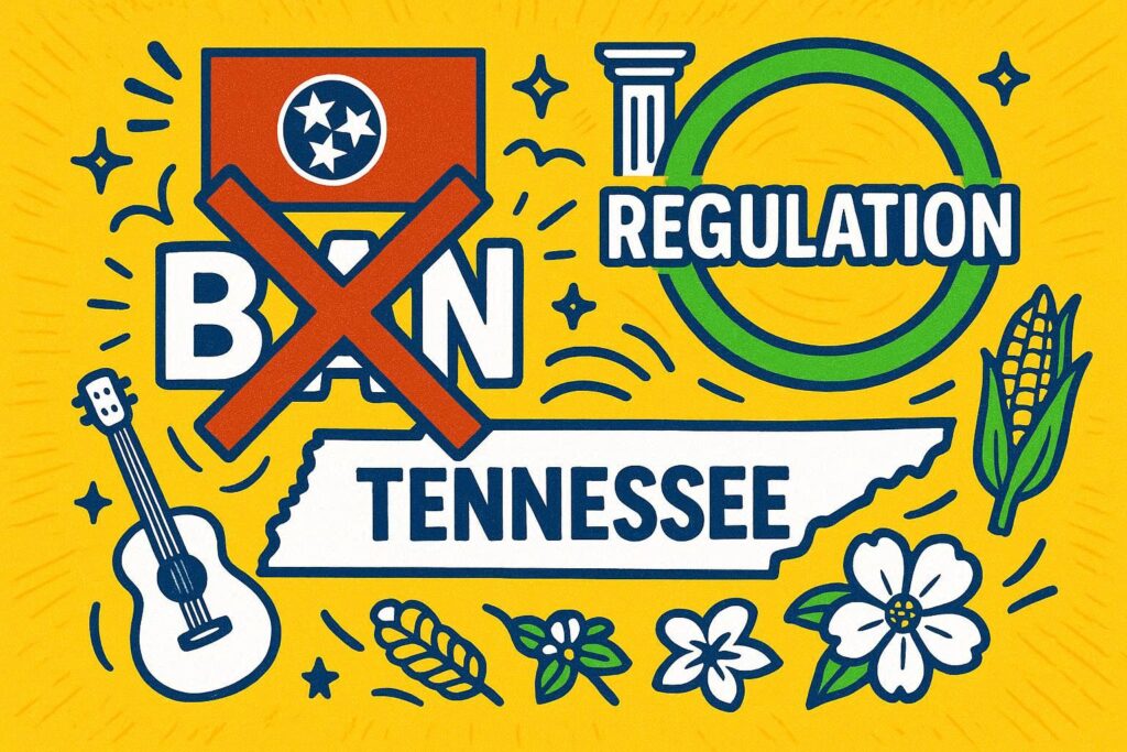 A cartoon representation of the word BAN with a red x through it and the word REGULATION circled in a green circle, surrounded by elements representing Tennessee, using a vibrant yellow, blue, and white color scheme.