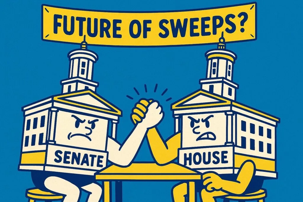 A cartoon representation of two personified Tennessee capitol buildings — one has SENATE written on it and the other has HOUSE written on it — arm wrestling at a table with a banner saying FUTURE OF SWEEPS? hanging in the background using a vibrant blue, yellow, and white color scheme.